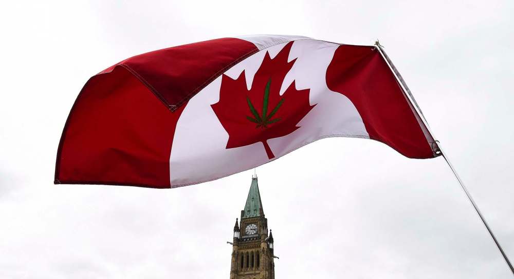 Sean Kilpatrick / The Canadian Press files
A Canadian flag altered to feature a marijuana leaf flies earlier this month during a pro-pot rally on Parliament Hill in Ottawa.
