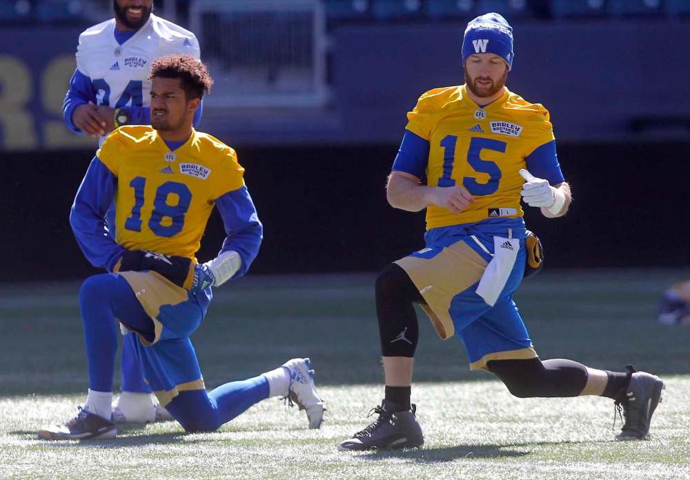 BORIS MINKEVICH / WINNIPEG FREE PRESS
Winnipeg Blue Bombers quarterbacks No. 18, Myles Carr, seen here with No. 15 Matt Nichols, has been cut from the team's roster.