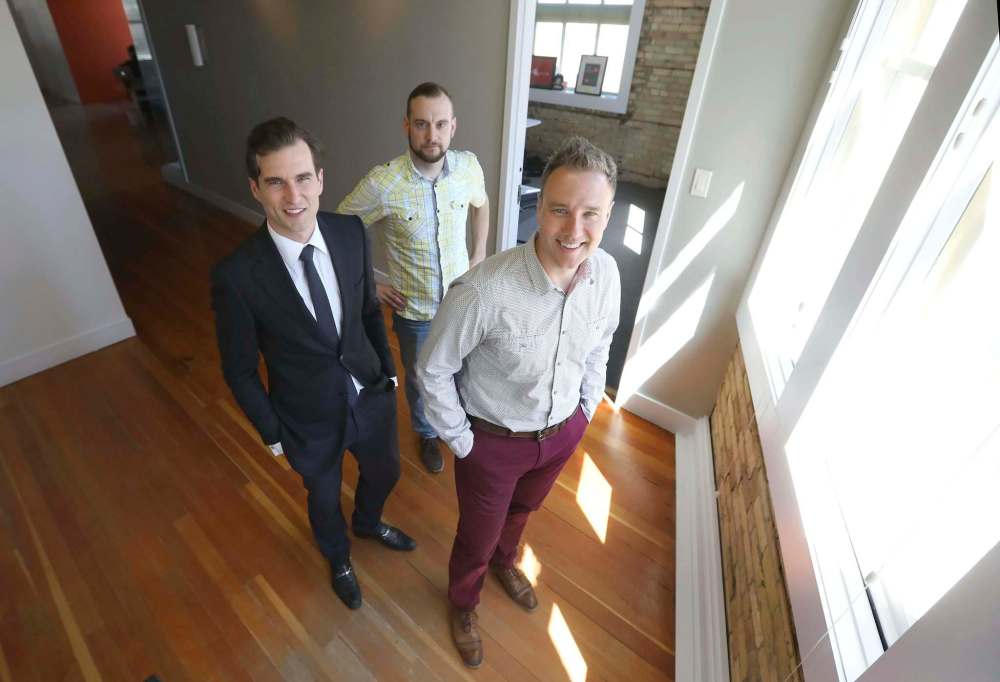 RUTH BONNEVILLE / WINNIPEG FREE PRESS
Funding Change partners Nick Tenszen (from left), Daniel Majors and Ian Smith have benefited from angel investors including David Asper.