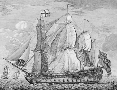 An engraving of the HMS Invincible, a 74-gun ship built in 1744 but captured by the British. (Supplied)