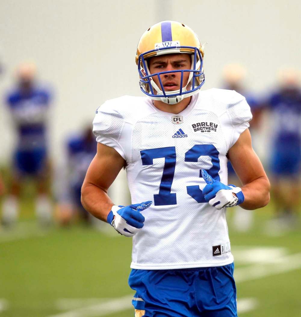 BORIS MINKEVICH / WINNIPEG FREE PRESS
Winnipeg Blue Bomber's Xander Tachinski at camp, Tuesday.