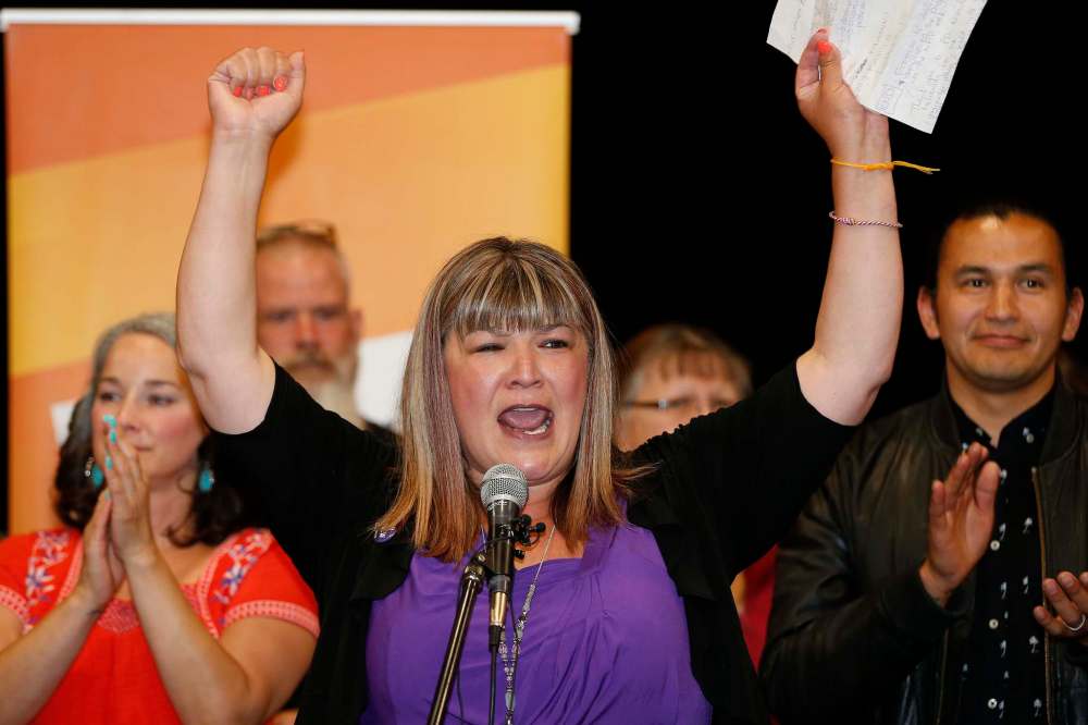 JOHN WOODS / WINNIPEG FREE PRESS
NDP candidate Bernadette Smith celebrates her victory in the Point Douglas byelection Tuesday.