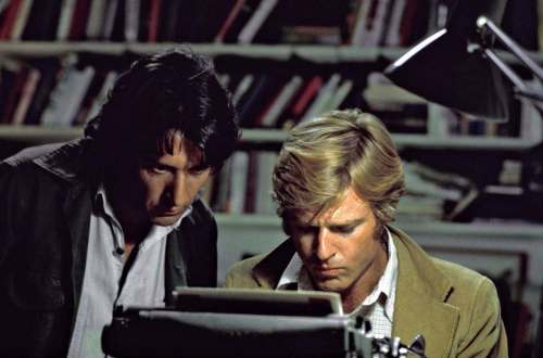 Actors Robert Redford, right, and Dustin Hoffman appear as Washington Post reporters Bob Woodward and Carl Bernstein, respectively, in the 1976 film &ldquo;All the President&rsquo;s Men.&rdquo; (Warner Bros.)