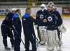 WAYNE GLOWACKI / WINNIPEG FREE PRESS
Goaltender Cole Kehler, right, listens as goaltending coach Wade Flaherty offers some instructions at the Jets’ development camp on Tuesday.