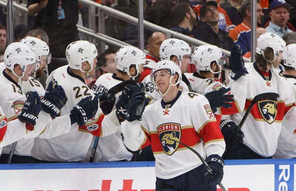 JASON FRANSON / CANADIAN PRESS FILES
Michael Sgarbossa celebrates a goal against the Edmonton Oilers last January.