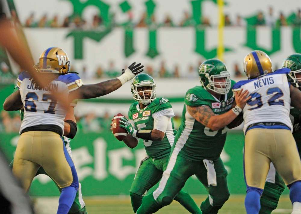 THE CANADIAN PRESS / Mark Taylor
Winnipeg Blue Bombers interior defensive linemen Drake Nevis and Cory Johnson make life difficult for Saskatchewan Roughriders quarterback Kevin Glenn in Regina on Saturday.