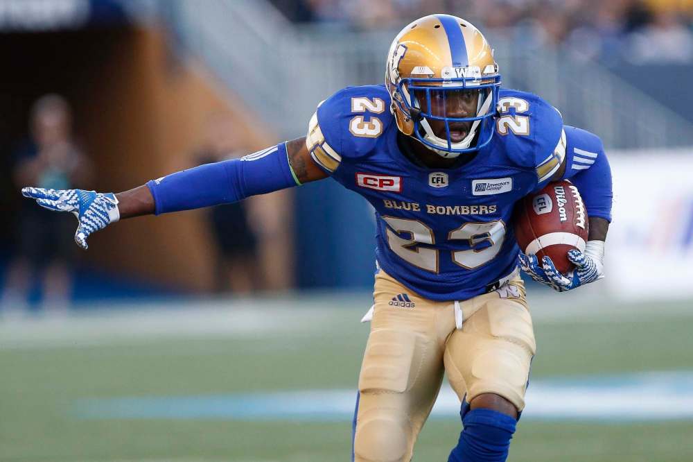 THE CANADIAN PRESS/John Woods
The Bombers' TJ Heath runs the ball back an interception against the Calgary during the first half.
