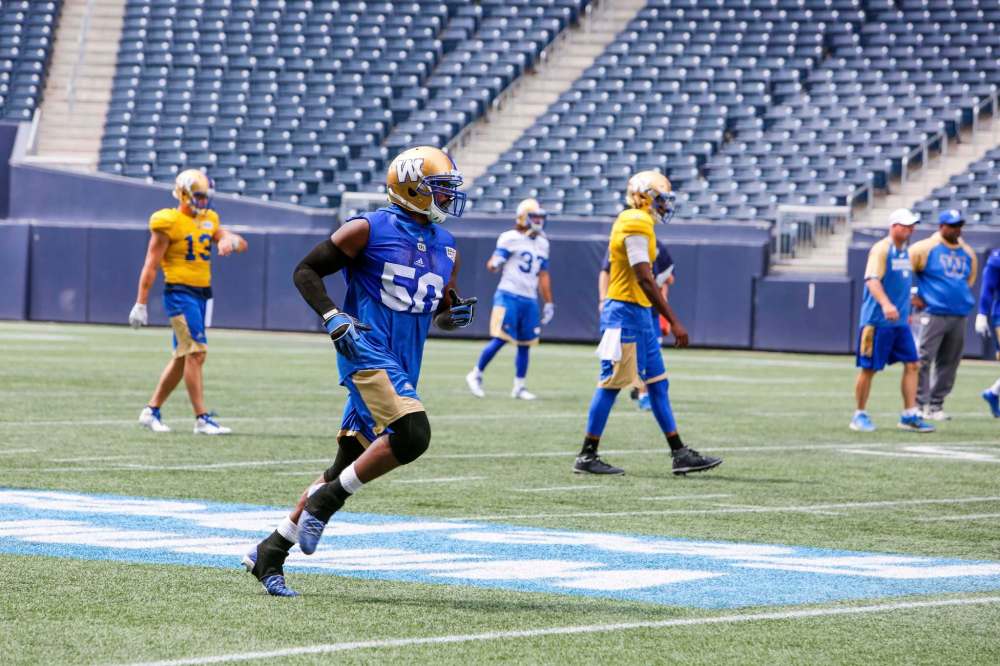 JUSTIN SAMANSKI-LANGILLE / WINNIPEG FREE PRESS
Blue Bombers linebacker Kyle Knox will start against the Toronto Argonauts on Thursday in place of the injured Ian Wild.