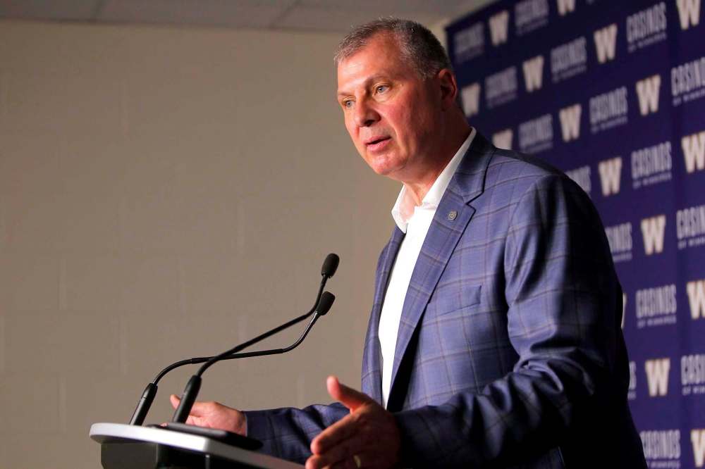 BORIS MINKEVICH / WINNIPEG FREE PRESS
New CFL commissioner Randy Ambrosie speaks to media prior to Thursday’s game at Investors Group Field. The commish touched on a variety of topics from concussions to expansion.