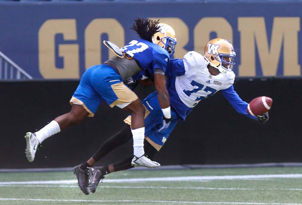 WAYNE GLOWACKI / WINNIPEG FREE PRESS
L’Damian Washington (77) has had a slow start but head coach Mike O’Shea still has faith in him.