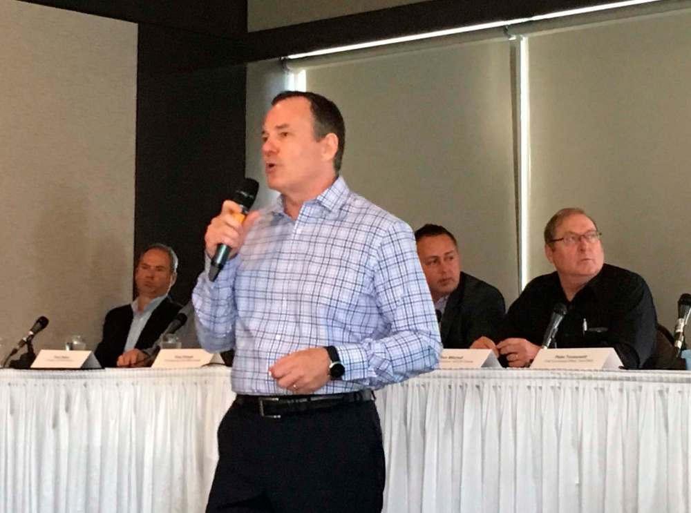 Omnitrax CCO Peter Touesnard speaks to media Tuesday about the company's assessment of damage to the rail line that serves Churchill. (Ruth Bonneville / Winnipeg Free Press)
