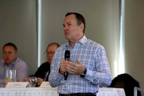 RUTH BONNEVILLE / WINNIPEG FREE PRESSPeter Touesnard, Omnitrax’s chief commercial officer, answers questions in Winnipeg Tuesday after a technical briefing on the assessment of damage to the Hudson Bay Railway.
