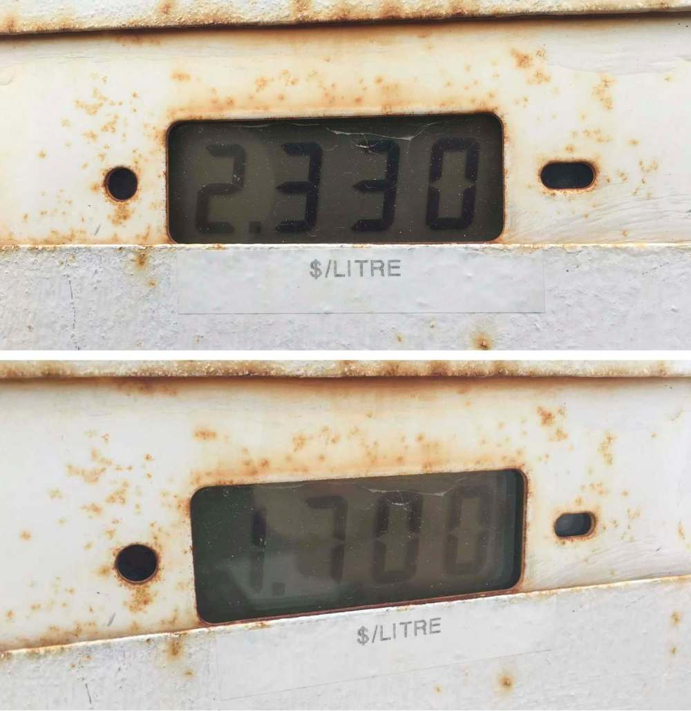 JOE STOVER PHOTO
Two photos of a gas pump in Churchill on July 20, 2017 show gas rising to $2.33/litre before dropping to the normal $1.70/litre rate in the afternoon, after a mistake by Omnitrax led to a sudden price hike for the cut-off town. July 20, 2017