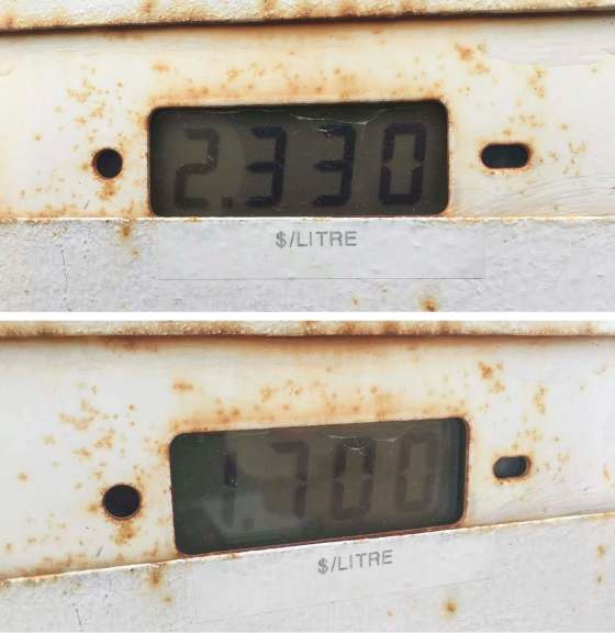 JOE STOVER PHOTOTwo photos of a gas pump in Churchill on July 20, 2017 show gas rising to $2.33/litre before dropping to the normal $1.70/litre rate in the afternoon, after a mistake by Omnitrax led to a sudden price hike for the cut-off town. July 20, 2017
