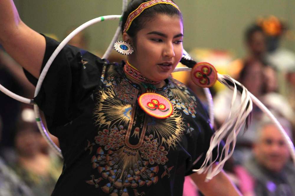 RUTH BONNEVILLE / WINNIPEG FREE PRESS
Dancers with the Aboriginal School of Dance do a special dance performance at the kickoff