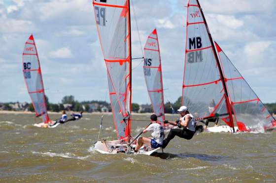 RUTH BONNEVILLE / WINNIPEG FREE PRESSCompetitors make their way over the start line in the double handed 29er male event on Lake Winnipeg.