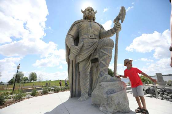 RUTH BONNEVILLE / WINNIPEG FREE PRESSSix-year-old Bentley Gray checks out the Viking statue in the newly created Viking Park in Gimli.