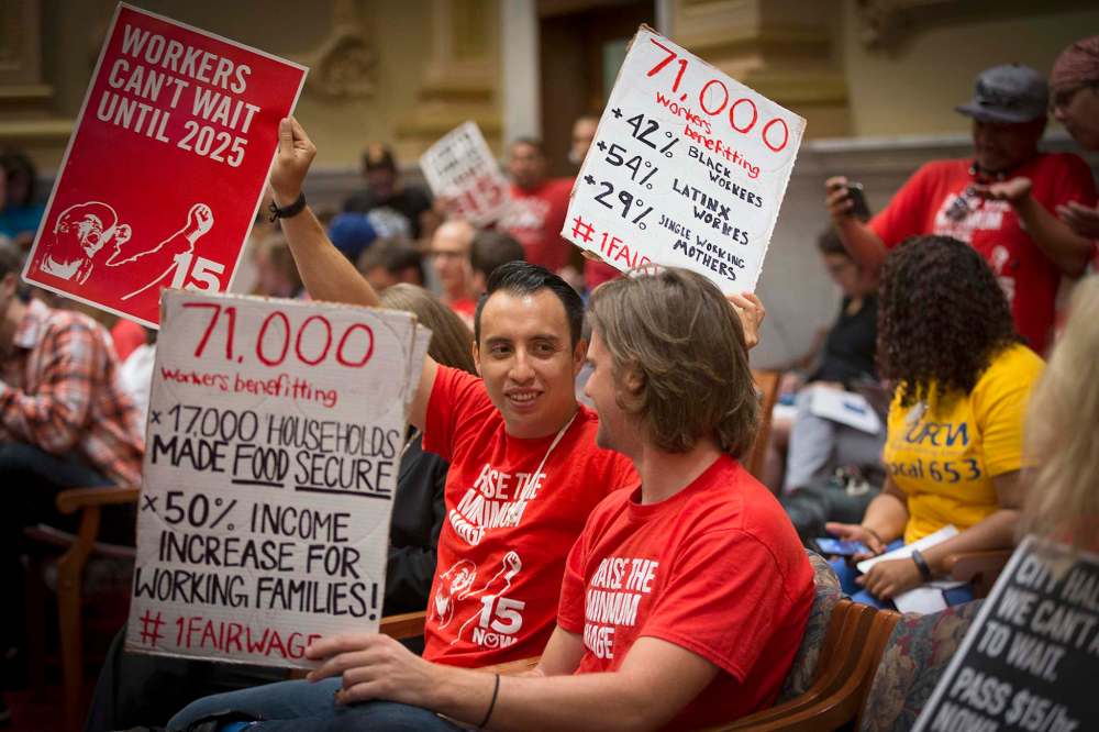 ELIZABETH FLORES / STAR TRIBUNE FILES
Supporters of the $15 minimum wage increase showed their support before it was passed by the Minneapolis City Council in June.