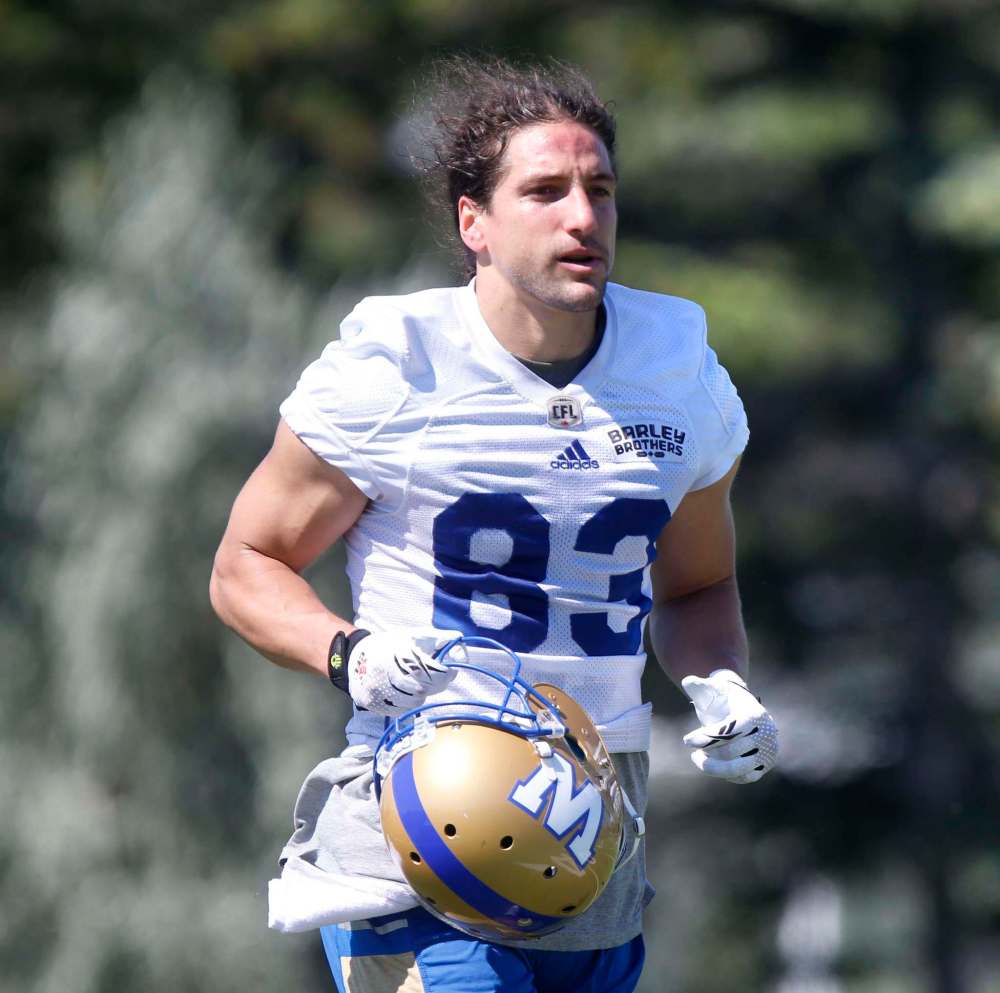 WAYNE GLOWACKI / WINNIPEG FREE PRESS
Wide receiver Julian Feoli-Gudino was back on the practice field Thursday after missing workouts on Tuesday and Wednesday with an undisclosed injury.