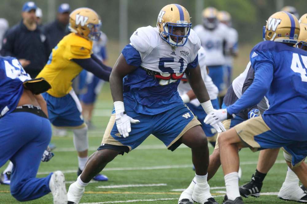 Ruth Bonneville / Winnipeg Free Press
Offensive lineman Jermarcus Hardrick (middle) provides protection for quarterback Matt Nichols during the Winnipeg Blue Bombers at the University of Manitoba Monday.