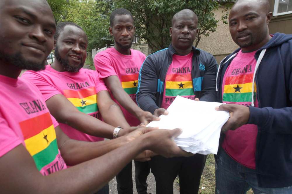 JOE BRYKSA / WINNIPEG FREE PRESS
From left, Fuseini Umar, Saalu Usman, Ziyawu Mohammed, Sulemana Abdulai, and Baba Issaka are LGBTQ* refugee claimants from Ghana with signatures they collected outside Folklorama pavilions calling for the decriminalization of homosexuality in Ghana.