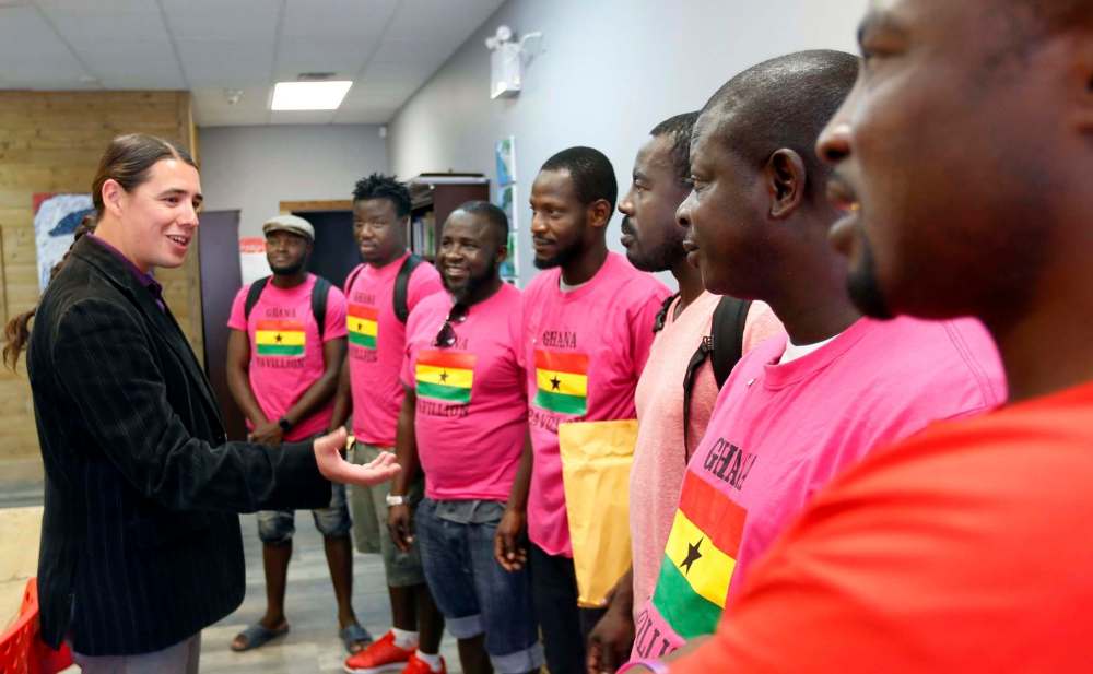 WAYNE GLOWACKI / WINNIPEG FREE PRESS
Members of the “Ghana Pavilion” delivered their petition to Winnipeg Centre MP Robert Falcon Ouellette left, in his constituency office Tuesday.