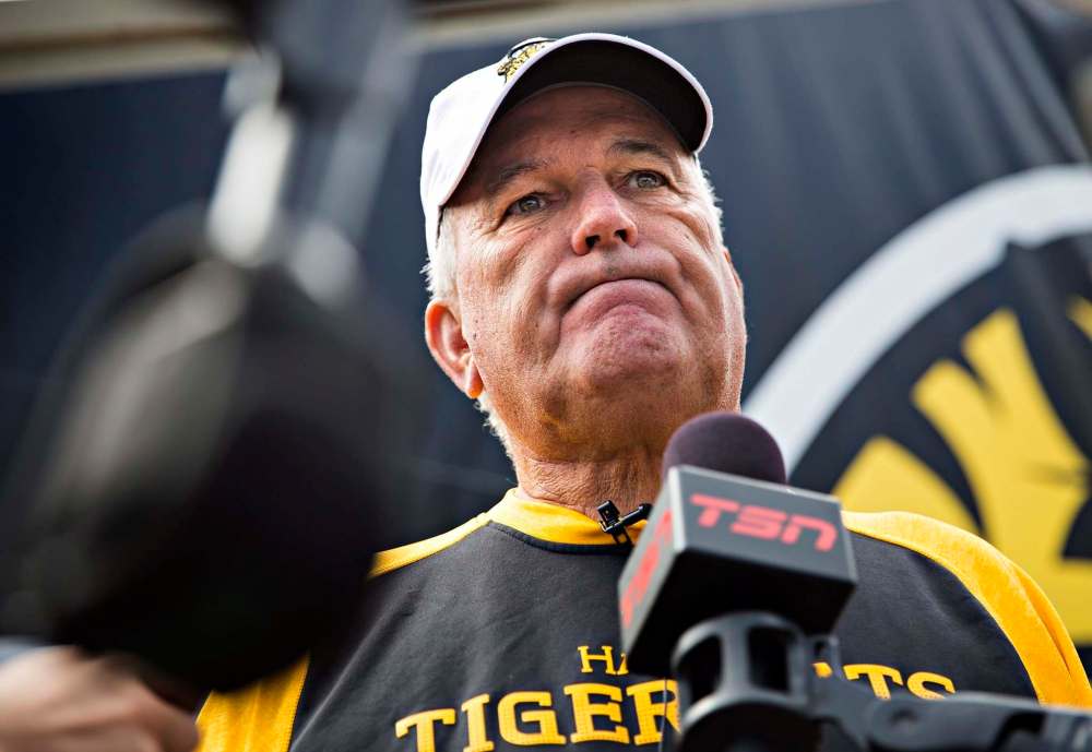 THE CANADIAN PRESS/Aaron Lynett
Hamilton Tiger-Cats head coach June Jones speaks to the media about the joint team and CFL decision to backtrack on the hiring of Art Briles as assistant coach in Hamilton, Ont., Tuesday.