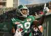 Saskatchewan Roughriders wide receiver Duron Carter celebrates a touchdown by taunting Winnipeg Blue Bombers fans during first half CFL action in Regina on Sunday, September 3, 2017. On Monday, Carter accused a visiting Winnipeg fan wearing blue and gold facepaint of spitting on him as he celebrated a second-quarter touchdown in Mosaic Stadium's south end zone. (Mark Taylor / The Canadian Press)