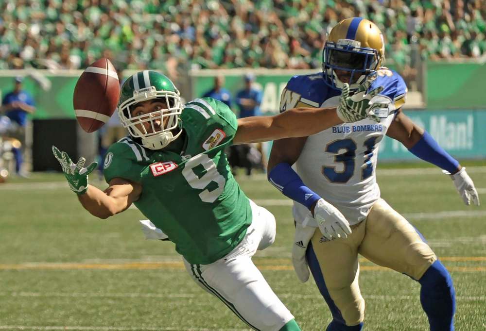 MARK TAYLOR / THE CANADIAN PRESS
Saskatchewan Roughriders wide receiver Nic Demski, left, stretches out for a pass as Winnipeg Blue Bombers defensive back Maurice Leggett looks on during first half CFL action in Regina on Sunday, September 3, 2017.