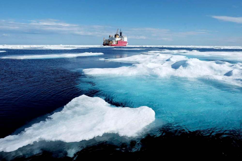 Ice floes surround the U.S. Coast Guard Cutter Healy in the Arctic Ocean.