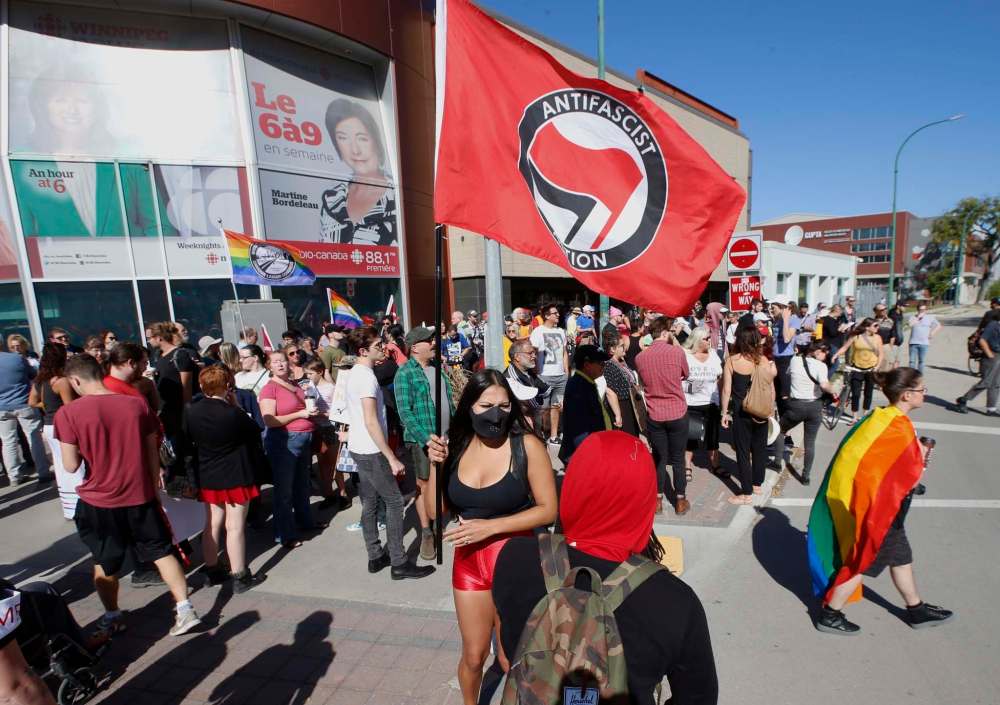 Wayne Glowacki / Winnipeg Free Press
About 200 anti-fascist demonstrators gather in front of the CBC building on Portage Avenue Saturday morning before marching to the Legislative ground.