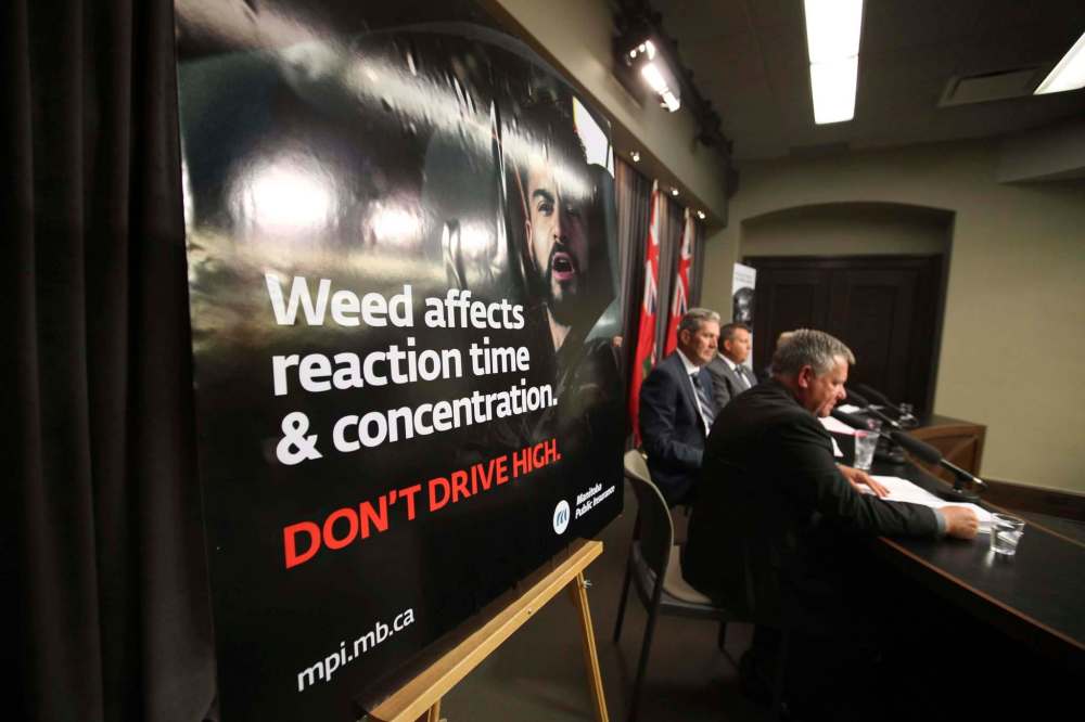 RUTH BONNEVILLE / WINNIPEG FREE PRESS
Ward Keith, chief administrative officer for Manitoba Public Insurance, Premier Brian Pallister, Crown Services Minister Cliff Cullen and MADD Canada CEO Andrew Murie at a press conference announcing MPI drug awareness campaign Thursday.