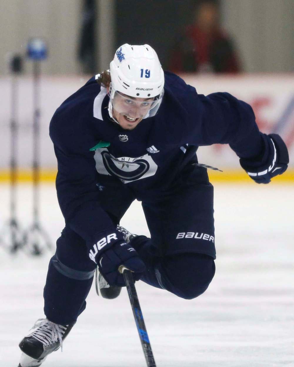 JOHN WOODS / THE CANADIAN PRESS
The Jets' Nic Petan skates during speed trials at training camp in Winnipeg on Friday. He's pushing for a winger position this season.