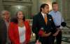 WAYNE GLOWACKI / WINNIPEG FREE PRESS
Wab Kinew, the NDP’s newly elected leader — flanked by Tom Lindsey (from left), Nahanni Fontaine and Andrew Swan — announces the NDP caucus and critic positions in the rotunda of the Manitoba Legislative Building Thursday.