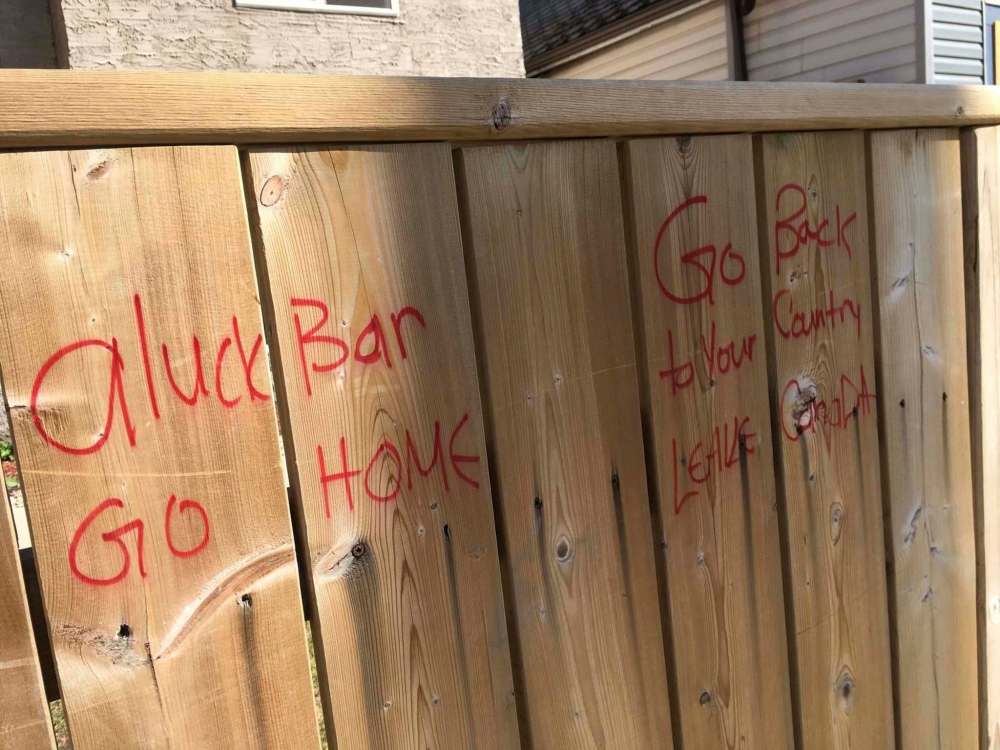 CAROL SANDERS / WINNIPEG FREE PRESS files
Racist graffiti appears in front of where Kamal Alhassan and his family live. He says he is grateful to be in Canada, but is afraid for his family.