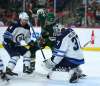 (Jeff Wheeler/Minneapolis Star Tribune/TNS)
The Minnesota Wild's Marcus Foligno tries to shove the puck between the pads of Winnipeg Jets goalie Connor Hellebuyck in the first period of their pre-season game on Thursday at Xcel Energy Center in St. Paul, Minn.