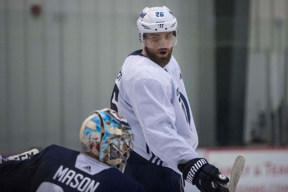 MIKE DEAL / WINNIPEG FREE PRESS
Winnipeg Jets Blake Wheeler (26) and goaltender Steve Mason (35) during pre-game skate at the Bell MTS Iceplex Monday morning.