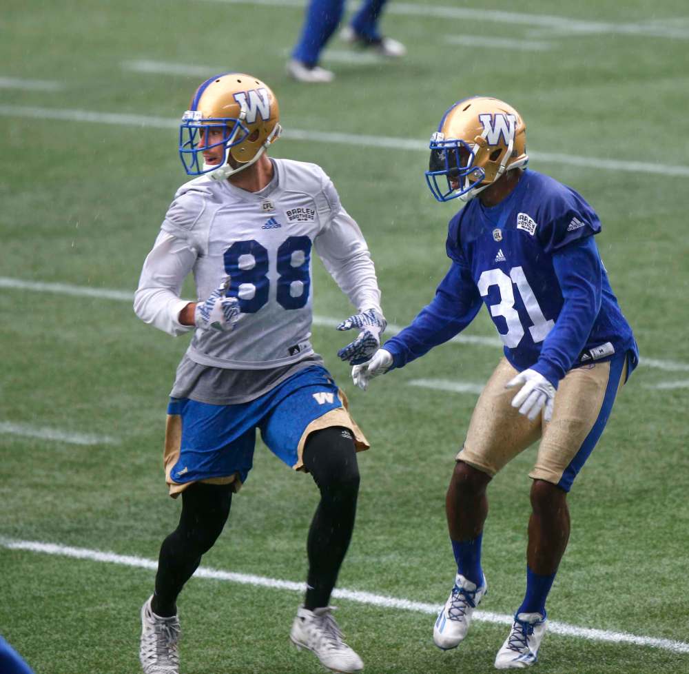 WAYNE GLOWACKI / WINNIPEG FREE PRESS
Winnipeg Blue Bombers defensive back #31Maurice Leggett,right follows wide receiver #88 Brett Blaszko during an Augusty practice. Blaszko has been traded to the Saskatchewan Roughriders.