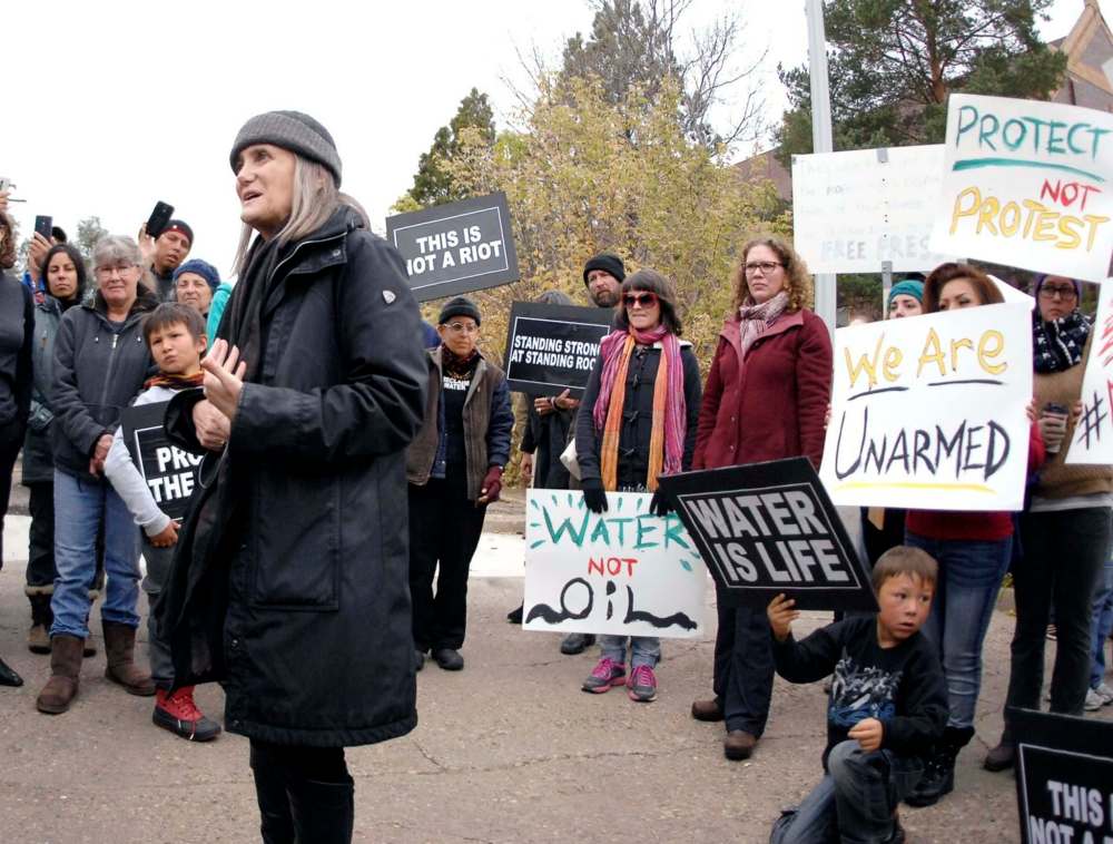 Mike McCleary / The Bismarck Tribune Files
Journalist Amy Goodman of Democracy Now! speaks to supporters in Mandan, N.D.