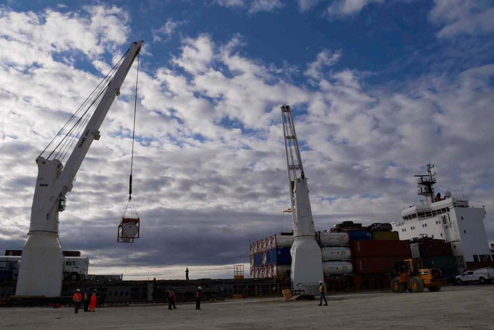 Submitted
Propane containers are unloaded from the MV Nunalik at the Port of Churchill Sunday.