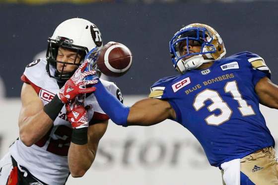 THE CANADIAN PRESS/John WoodsWinnipeg Blue Bombers' Maurice Leggett intercepts a pass against the Ottawa Redblacks earlier this season. Leggett reportedly suffered a season-ending achilles injury in a the game Saturday against the B.C. Lions.