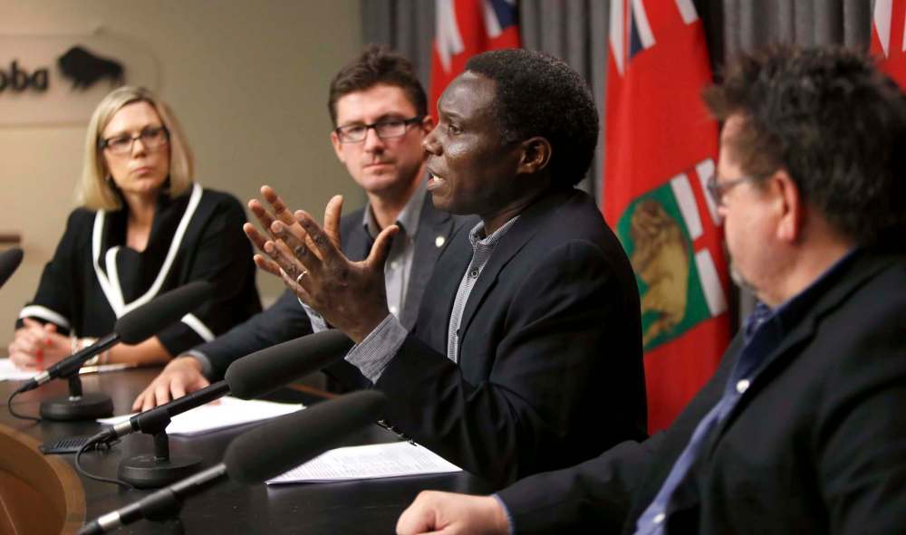 From right: Don Labossiere, director of environmental compliance and enforcement for Manitoba Sustainable Development, Francis Zvomuya, department of soil sciences at the University of Manitoba, Matt Allard, city councillor St. Boniface, and Rochelle Squires, Sustainable Development Minister at the news conference Monday regarding the St. Boniface soil testing results. (Wayne Glowacki / Winnipeg Free Press)