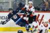 John Woods / The Canadian Press
Winnipeg Jets’ Josh Morrissey gets checked by Ottawa Senators’ Mark Stone during first period NHL pre-season game action in Winnipeg on Wednesday, September 27, 2017.