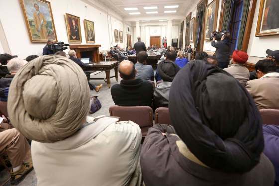 JOHN WOODS / WINNIPEG FREE PRESS Dozens of taxi drivers gathered at the hearing for the Local Vehicles for Hire Act in protest of the legislation that could open the door for Uber in Winnipeg.