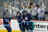 Winnipeg Jets left wing Kyle Connor (81), centre Mark Scheifele (55) and right wing Blake Wheeler (26) celebrate Wheeler's goal against the Pittsburgh Penguins during first period NHL action in Winnipeg on Sunday, October 29, 2017. Wheeler scored a hat trick in the first period. THE CANADIAN PRESS/John Woods