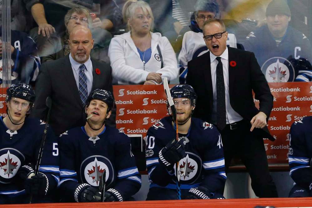 THE CANADIAN PRESS/John Woods
Winnipeg Jets head coach Paul Maurice disputes a disallowed goal against the Dallas Stars during second period NHL action in Winnipeg on Thursday.