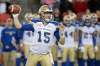 THE CANADIAN PRESS/Nathan Denette
Winnipeg Blue Bombers quarterback Matt Nichols throws the ball during second half against the Toronto Argonauts in Toronto on Saturday, October 21. Nichols is believed to be dealing with a serious calf injury to his left leg in which could force him to miss the team's playoff game against the Edmonton Eskimos.