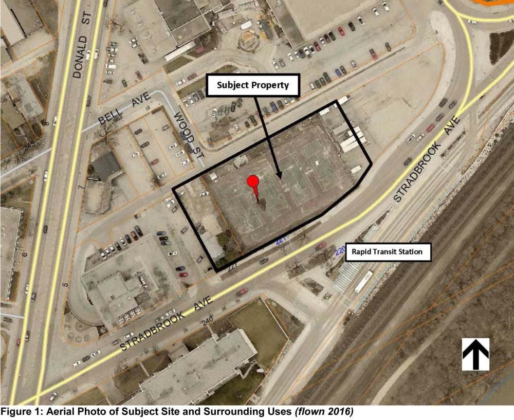 The application is for an 18-storey, 146-unit residential tower with a café/kiosk on the ground floor and possible future commercial development. (City of Winnipeg)