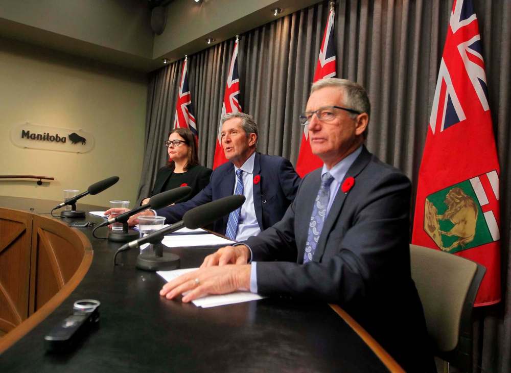 Attorney General Heather Stefanson (from left), Premier Brian Pallister, and Trade Minister Blaine Pedersen announce a hybrid model for distribution and retail sales of cannabis in Manitoba. (Boris Minkevich / Winnipeg Free Press)
