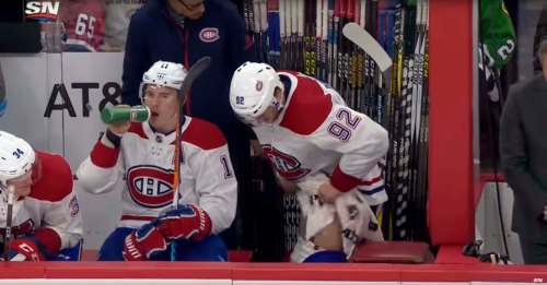 SPORTSNET
Jonathan Drouin (right) scored plenty of raised eyebrows when he dropped his pants at the Montreal Canadiens&rsquo; bench during a recent game.